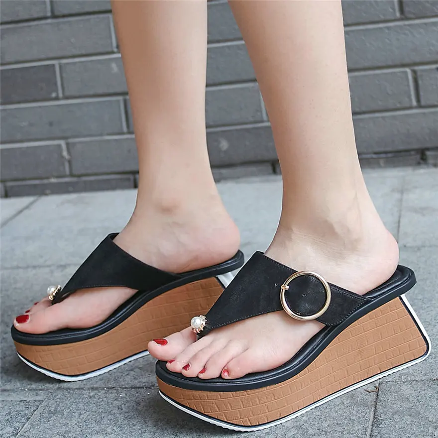 

2020 Women Genuine Leather Platform Wedge High Heel Roman Gladiator Thong Sandals Female Open Toe Party Flip Flops Slip On Pumps