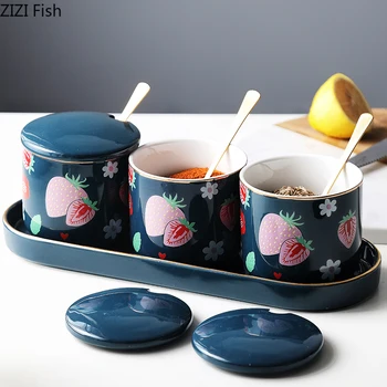 

Fruit Pattern Ceramic Seasoning Jar Set with Tray and Spoon Salt Sugar Seasoning Box Spice Jar Nordic Style Kitchen Accessories