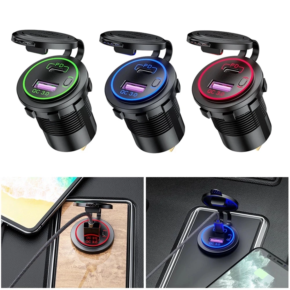 USB 차량용 충전기 PD 타입 C QC 3.0 고속 충전 전원, 스위치 포함, 범용 오토바이 자동차 트럭 RV ATV 보트, 60W