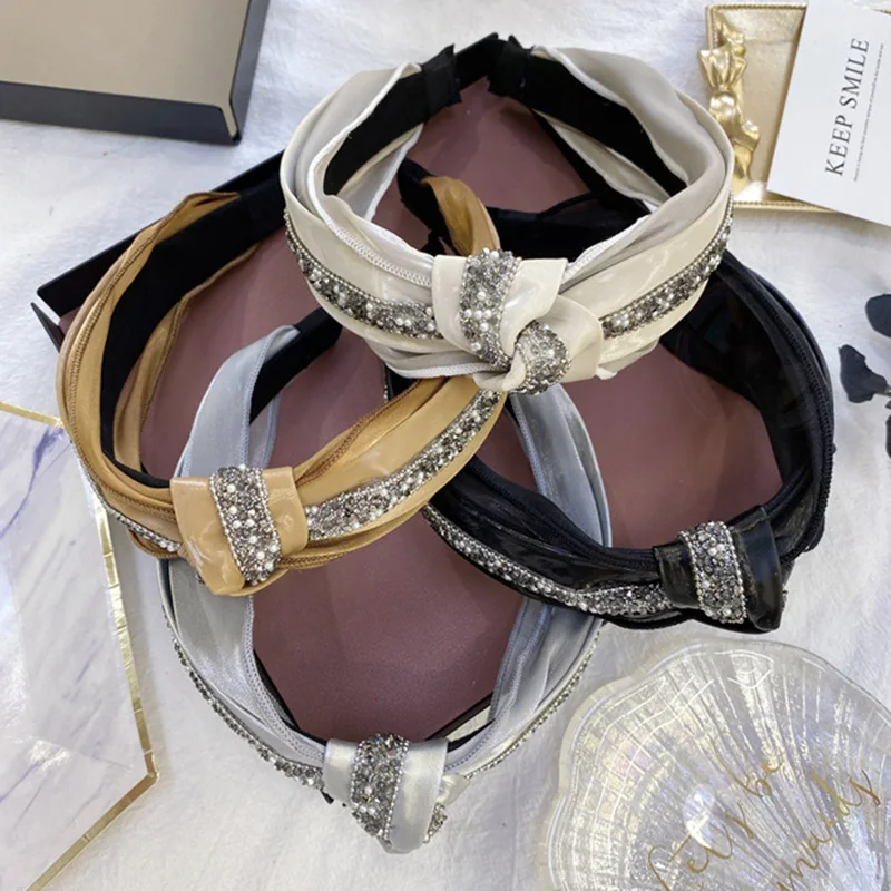 

Women Pearls Rhinestones Knotted Hairbands Simple Temperament Leather Lace Wide Side Head Band Hair Hoop Girls Hair Accessories