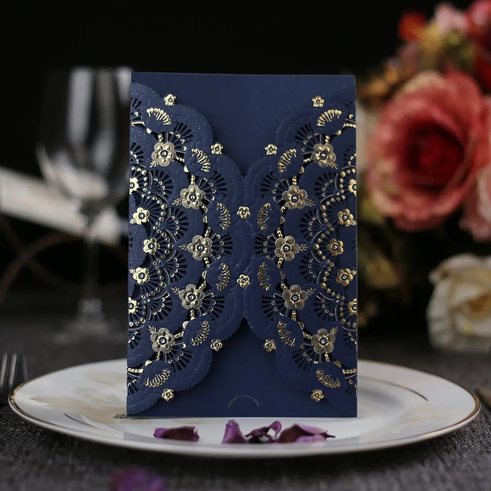  Graceful Sea Blue Laser Cut Florals Red Pocket Wedding Invitation Card With Insides Envelope Seal - 4.00058E+12