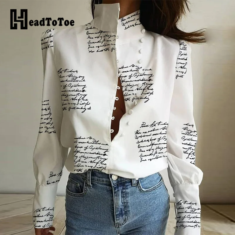  Stand Neck Letter Print Buttoned Shirt Women Long Sleeve Casual Blouse Tops