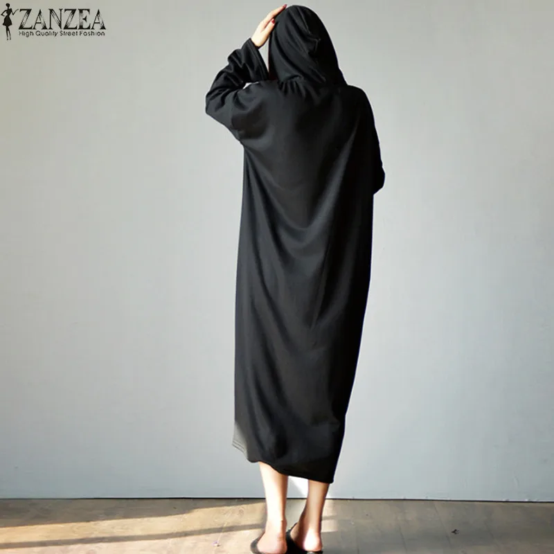 ZANZEA осень, женские длинные толстовки, зимние повседневные толстовки с карманами и капюшоном, свободные толстовки на молнии