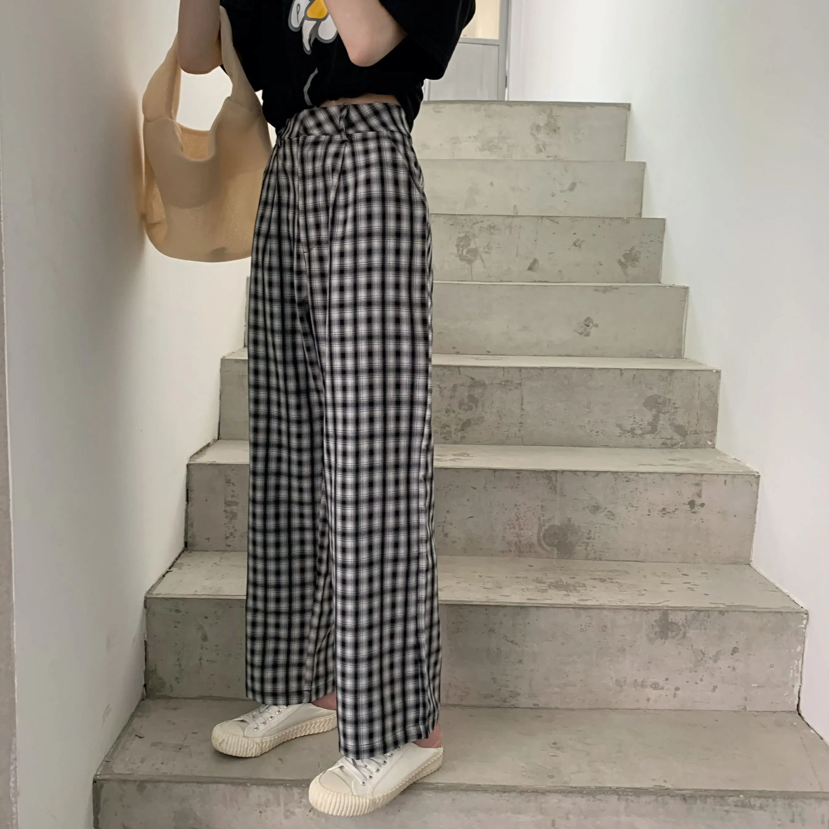 

2020 Summer Korean White Black Plaid Women Pants High Waist Elegant Long Trousers Fashion Wide Leg Pants
