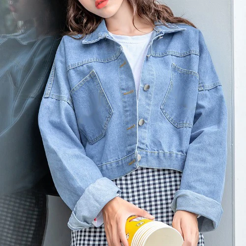 

Women Short Denim Jacket Korean Style Back Button Loose Jeans Jacket Blue Long Sleeve Single Breasted Spring Short Jeans Jackets