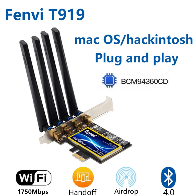 1750 Мбит/с Fenvi T919 2 4G/5 ГГц двухдиапазонный Настольный ПК Bluetooth 4 0 802.11ac PCIe Wi-Fi адаптер