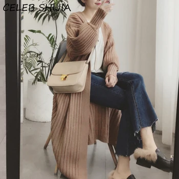 

SHIJIA New Elegant Knitting Cardigan Female Long lantern sleeve striped Loose sweater Woman Open Stitch winter autumn 2020