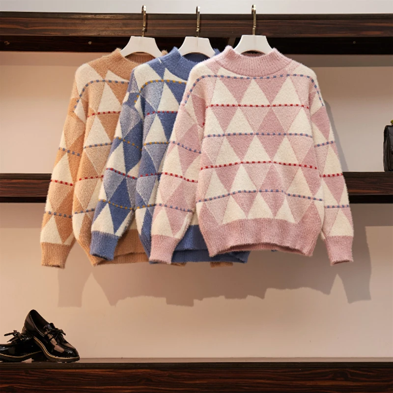 Loose Twist Sweater Women Fall/winter Japanese Retro Crew Neck Pullover Shirt Jacket Leisure Casual Office Lady Argyle Pink Top Loose Twist Sweater Women Fall/winter Japanese Retro Crew Neck Pullover Shirt Jacket Leisure Casual Office Lady Argyle Pink Top