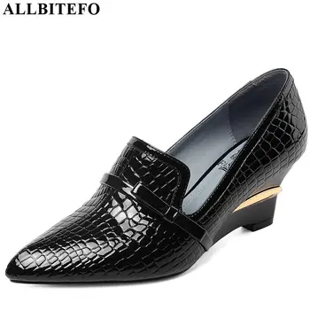 

ALLBITEFO full genuine leather wedges heel party women shoes snake skin high heels office ladies shoes women high heel shoes