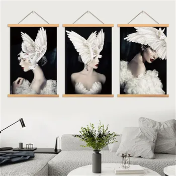 

Nordic Black & White Personality Feather Beauty Fabrics Scroll Painting Creative Bedroom Background Wall Wall Hangings X2409