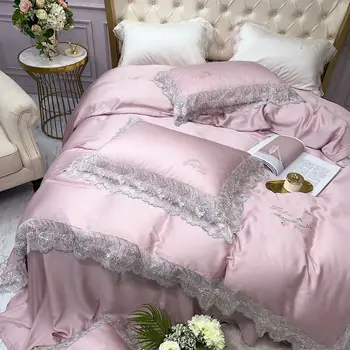 

Light Luxury Lace 80 Double-Sided Tencel Four-Piece Princess Wind Bare Sleeping Silky Quilt Cover Bed Sheet Bedding