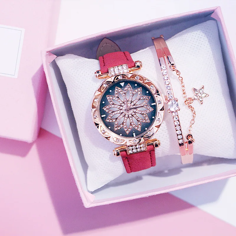 Red bracelet Новинка, женские часы, браслет, набор, звездное небо, женские часы-браслет, повседневные, кожа, кварцевые наручные часы, часы, подарок, Relogio Feminino - Цвет: Red bracelet