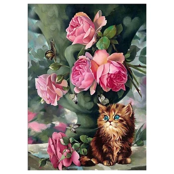

Full Round Drill DIY Cute Cat and Flowers Diamond Embroidery Patterns Home Decor Diamond Painting
