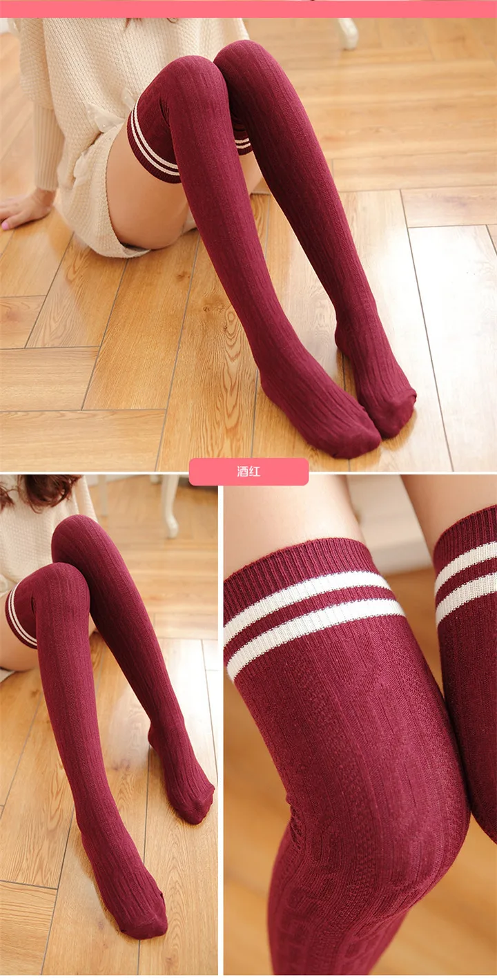 5 Twist Knitting Two Bars Vertical Socks Stripes Jacquard Sweat Deodorant Cotton Long Knees Socks For Women Girls Sock