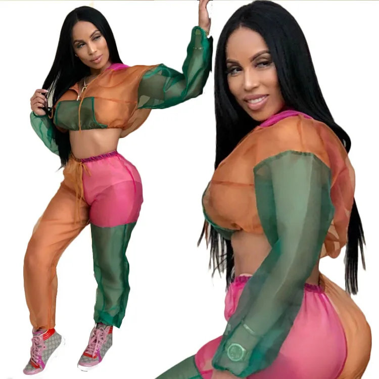 

Mesh Tracksuit 2 Pcs Summer Set Women Sexy See Through Hoodies Crop Top + Drawstring Pants Mesh Transparent Two Pieces Sets