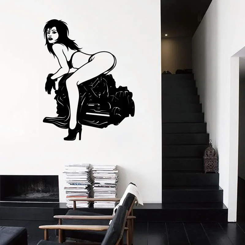 Large Girl in bikini Car Repair Service Engine Wall Sticker Garage Sexy Woman Engine Auto Car Reapair Service Wall Decal Vinyl (1)