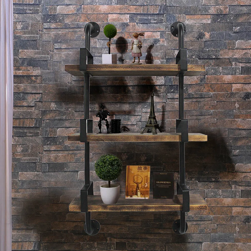 Black/Rustic 3-Tier Industrial Wall Shelf