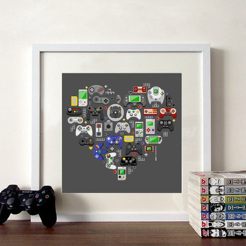 Love Video Games Prints Heart Shaped Gaming Devices Illustration Posters Boys Room Wall Art Decor Modern Canvas Painting Picture