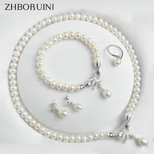 ZHBORUINI, ювелирные наборы из жемчуга, натуральный пресноводный 925 пробы, серебряные ювелирные изделия, бант, жемчужное ожерелье, серьги, браслет для женщин, подарок
