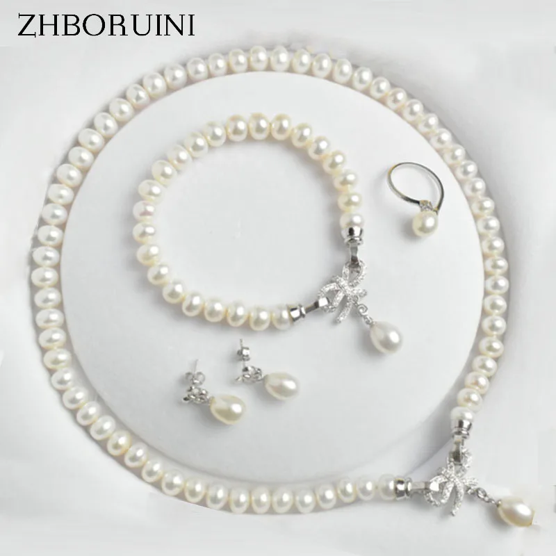 Online ZHBORUINI Set Gioielli di perle D acqua Dolce Naturale 925 Gioielli In Argento Sterling Dell arco Della Perla Orecchini Della Collana Del Braccialetto Per Le Donne del Regalo