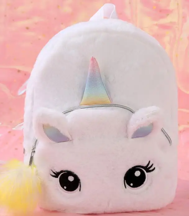 Белый Детский рюкзак с единорогом Kawaii пушистые рюкзаки для детского сада, плюшевая сумка для девочек, детская модная сумка-книжка - Цвет: Белый
