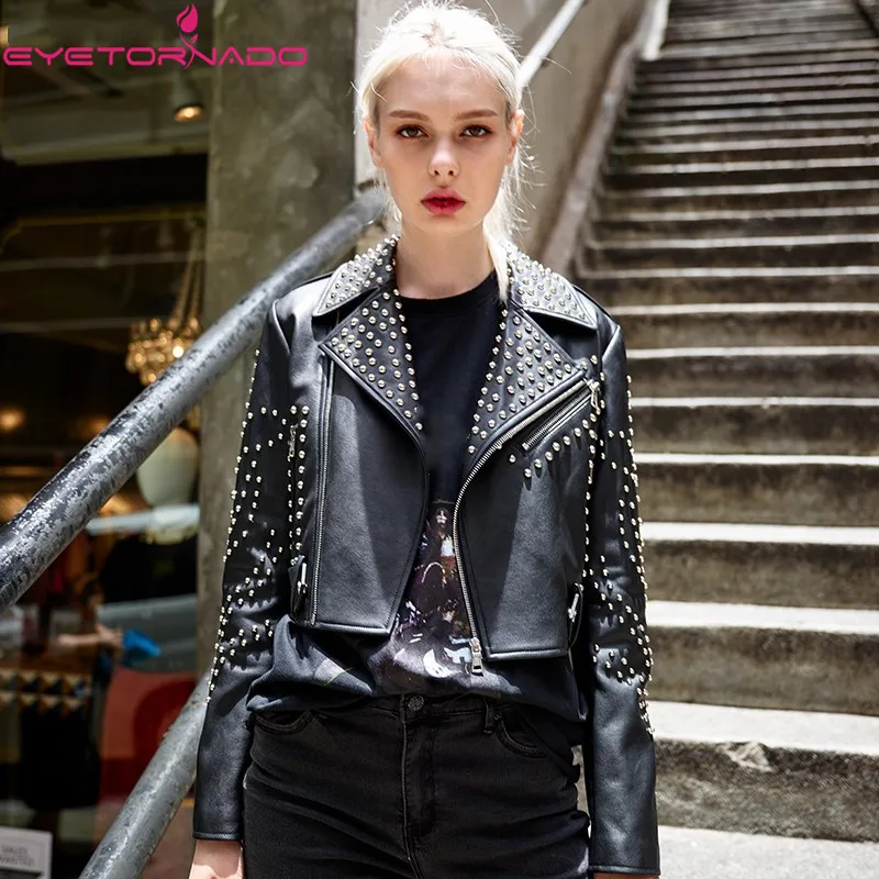 

Women rivet beading faux leather PU jacket autumn pockets biker motorcycle zipper casual vintage short black basic punk jacket