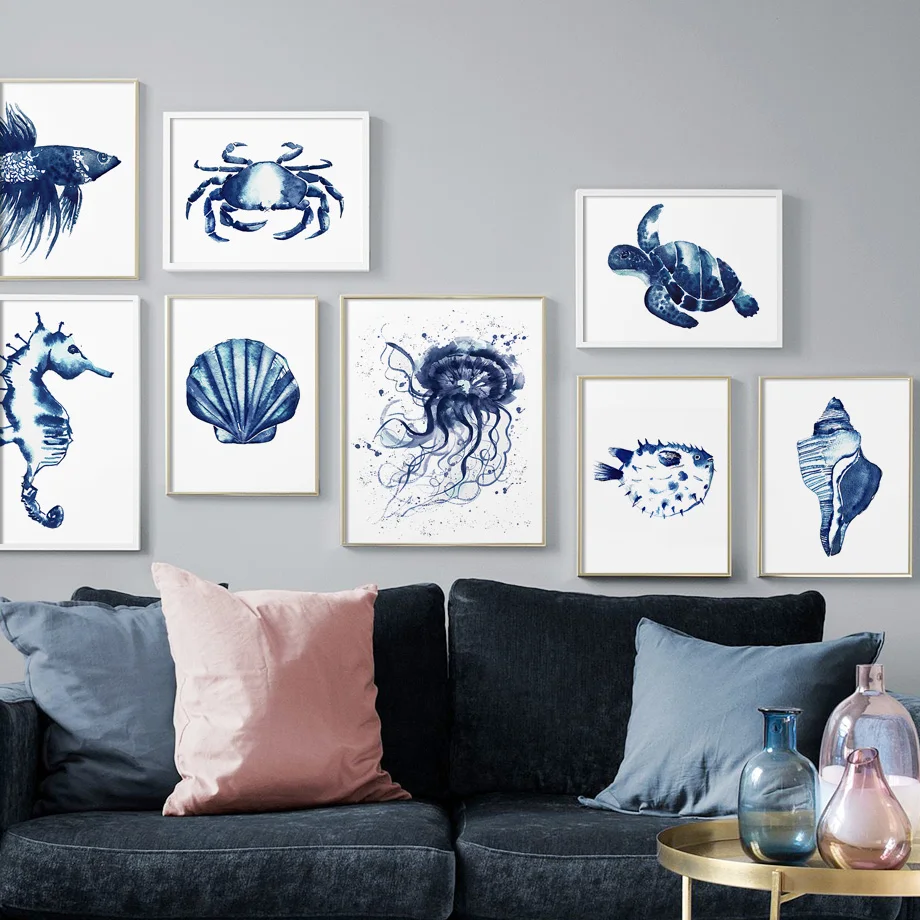 

Ocean Animal Navy Blue Hamptons Sea Life Turtle Nursery Wall Art Canvas Painting Nordic Poster Wall Picture Baby Kids Room Decor