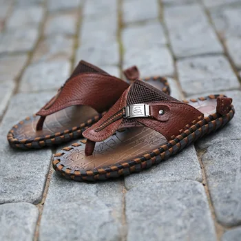

Summer New Style Men Flip Flops Full-grain Leather Fashion Men Shoes Genuine Leather Slippers Men