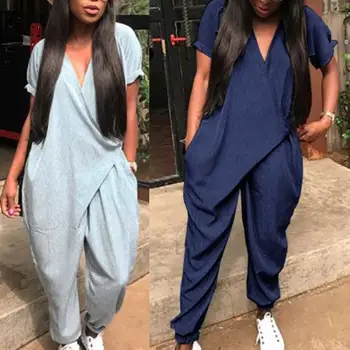 

Women Solid Color Short Sleeve Front Wrapped V Neck Ankle Tied Loose Jumpsuit Women Solid Color Short Sleeve Loose Jumpsuit