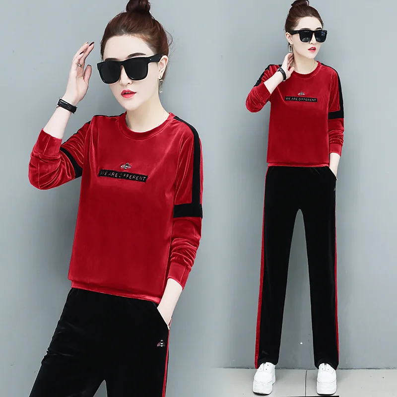 

Spring And Autumn Gold Lines Velvet Fashion New Style Sports Leisure Suit Female Spring Loose Pants Large Size Two-Piece Set