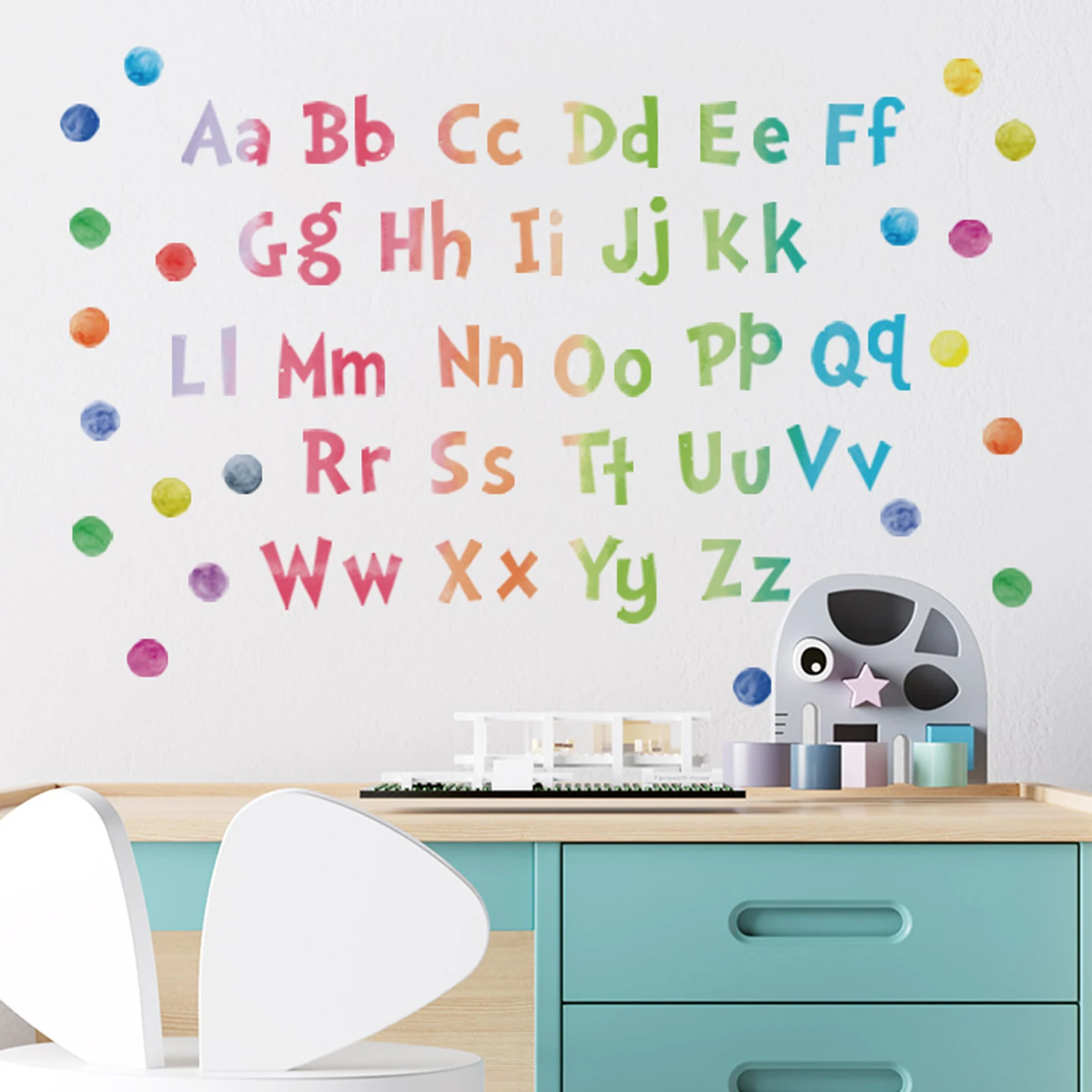 Calcomanías de pared con alfabeto para niños, pegatinas de vinilo educativo con letras y puntos ABC, para sala de estar y guardería