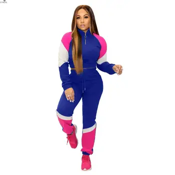 

Plus Size Womens Tracksuit Set Patchwork Full Sleeve Zipper Jackets Tops + Slim Pants Two Piece Sets Casual Biker Matching Sets