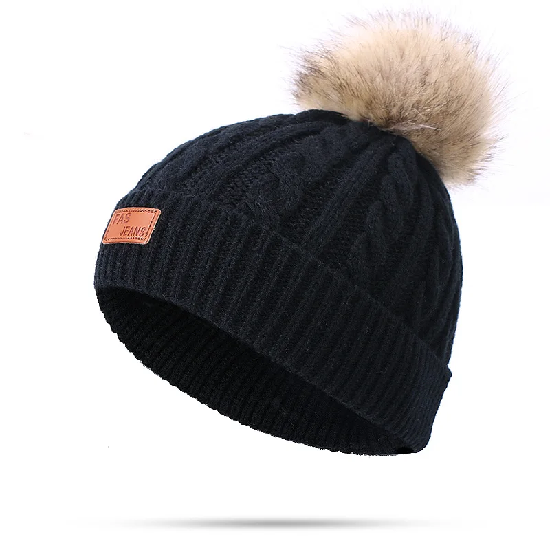Шапка с помпоном; детская шапка; шапки-бини; Цвет белый; сезон осень-зима; теплые вязаные шапки Skullies; однотонные шапки в полоску; высокое качество - Цвет: B