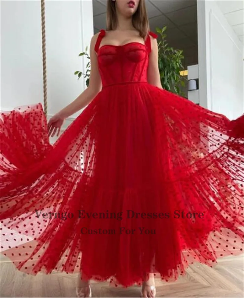 Verngo Red Polka Dots Tulle A Line Evening Dress Spaghetti Straps Tied Bow Shoulder Tea Length Party Graduation Prom Dress