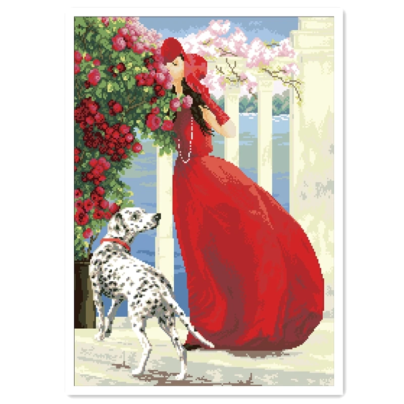 On vacation cross stitch kit woman in red dress 18ct 14ct 11ct white fabric cotton thread embroidery DIY handmade needlework