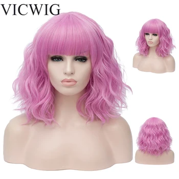 

VICWIG Short Curly Wig Synthetic Cosplay Wig Pink with Bangs Fluorescent Color Wig for Women