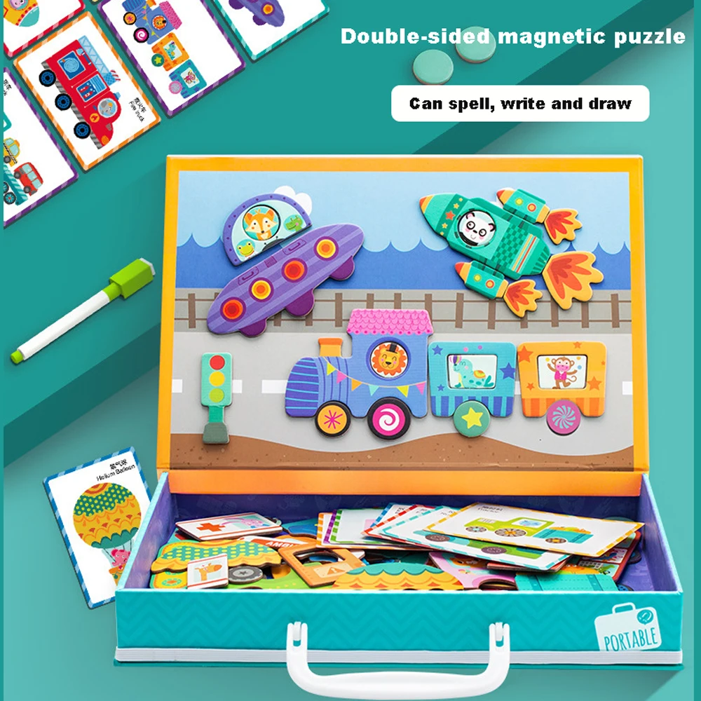 Kids Magnetic Puzzle Jigsaw Traffic Change Face Game Double-Sided Drawing Board Baby Early Education Creative Toys For Children | Игрушки и