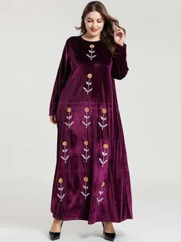 

2020 Women Fashion Embroidery Flower Velvet Long dress Muslim abaya Dress vestidos largos Abaya dubai dress islamic ramadan Robe