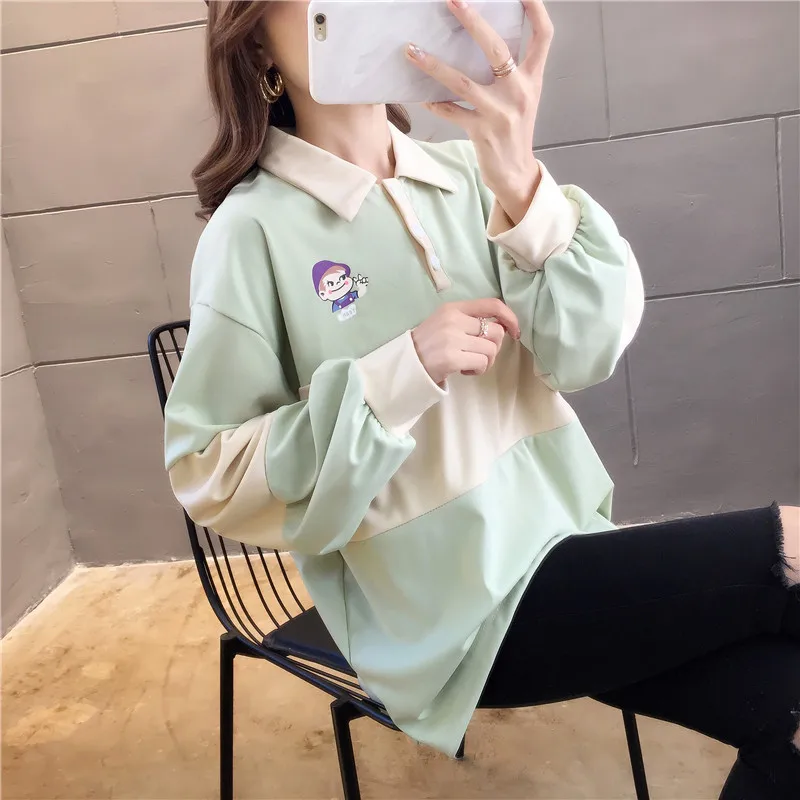 

Women Cute Cartoon T-shirt Long Sleeve Turn-down Collar Casual Loose T Shirt Chic Color Matching Spring Autumn Tees Top