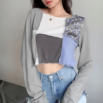 

NCLAGEN Contrast Color Patchwork Ruhed Heritage Thright Style Crop Top Women Vintage Tshirt Street Fashion Navel Bare T-shirt