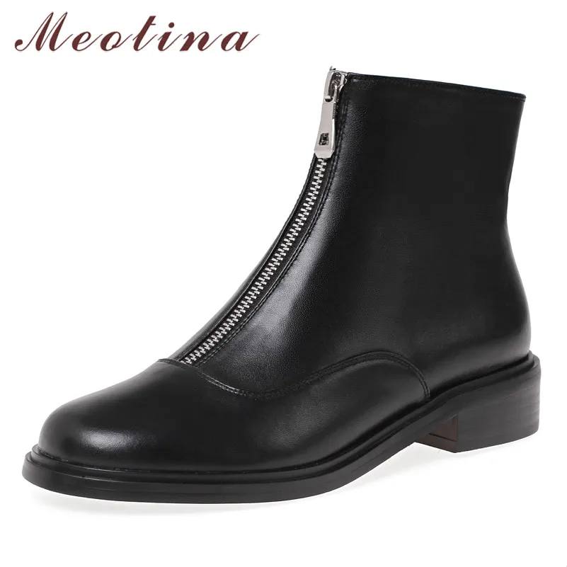 

Meotina Autumn Ankle Boots Women Natural Genuine Leather Thick Heels Short Boots Zipper Round Toe Shoes Female Black Size 34-39