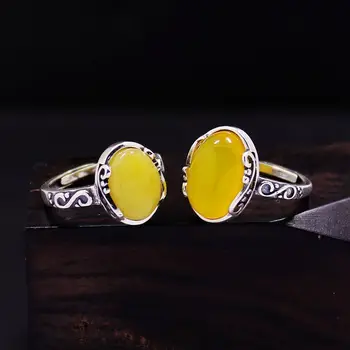 

sNew silver retro national style oval charm temperament topaz agate opening adjustable female ring