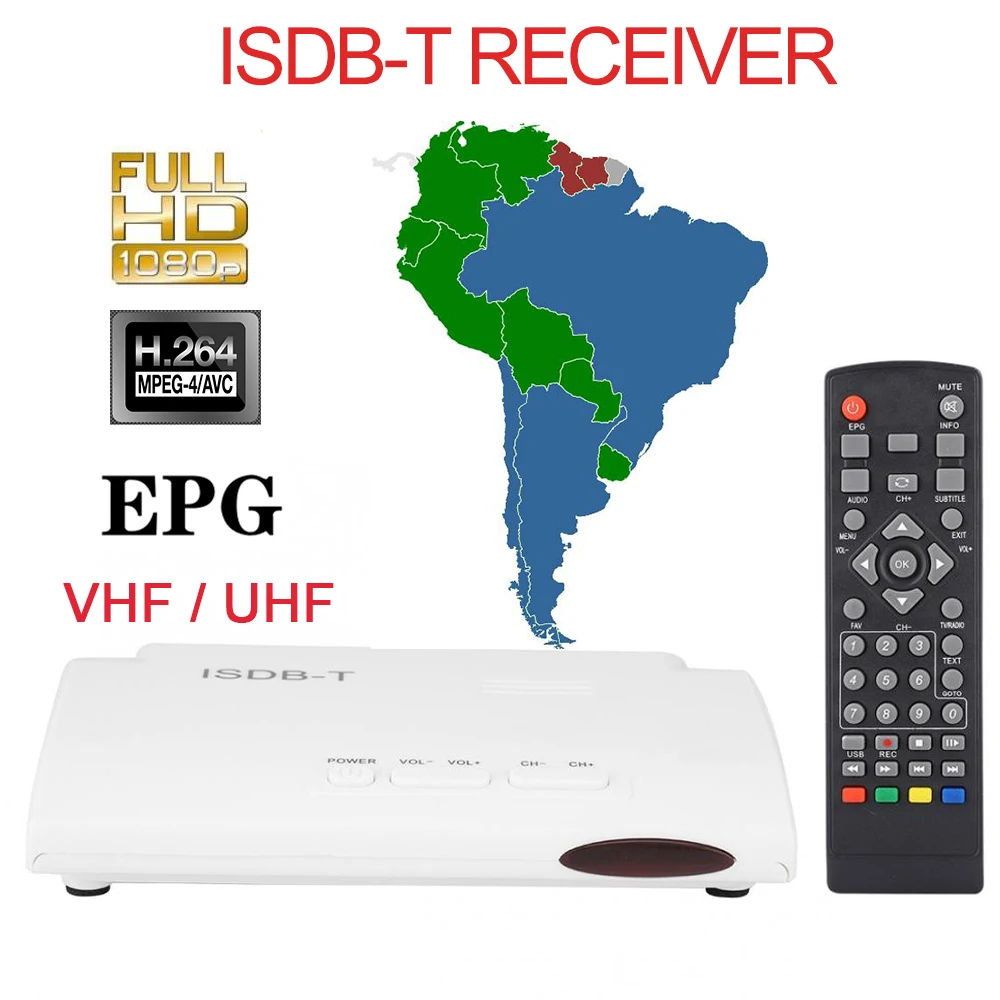 FTA ISDB-T TV Tuner Receiver Digital Terrestrial Set Top Box Full HD 1080P USB Recorder EPG HDMI Out VHF UHF Brazil Peru Antenna