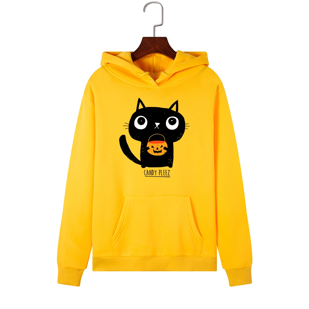  Women Hoodies Sweatshirts Hooded Sweatshirt Halloween Cat Wants Candy Print Autumn Winter Pullover 