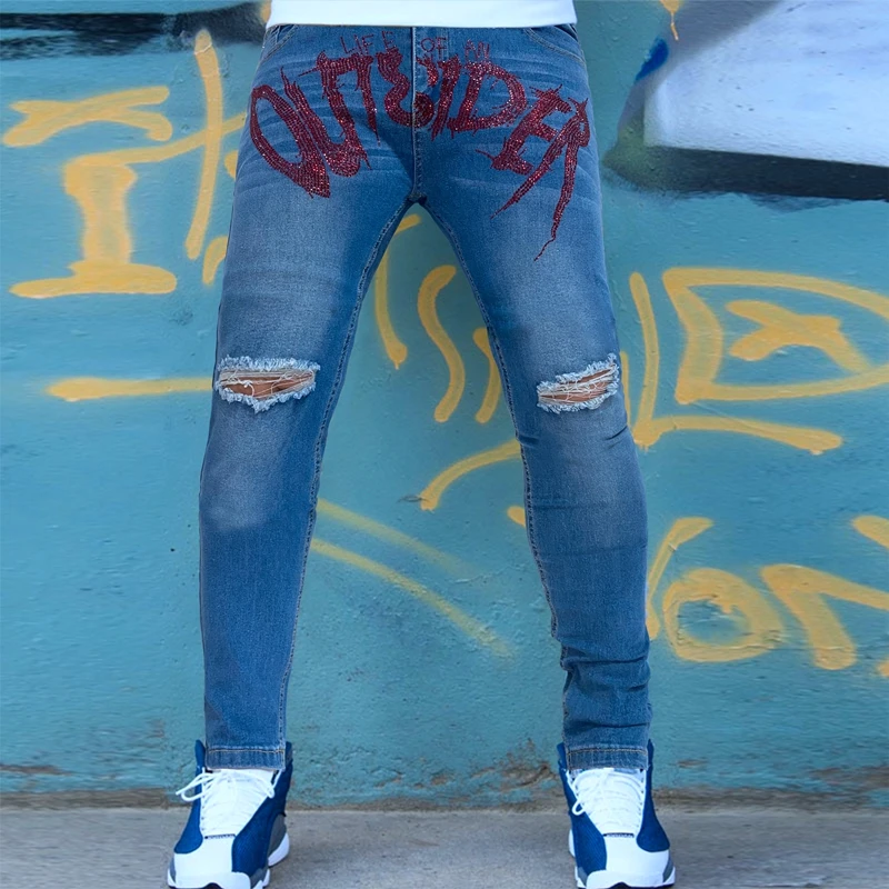 

New Men Blue Jeans Jogging Fashion High Quality Street Trousers Slim Soft Destroyed Stretch Hot Drill Pencil Washed Denim Pants