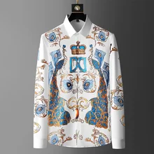 2021 primavera e no outono de luxo impresso camisas dos homens manga longa negócios casual vestido camisa magro social smoking streetwear chemise