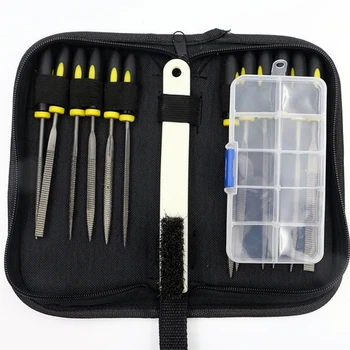 

Premium New Wood Rasp File Kit - 12 Assorted Small Metal Needle Files Set with Bristle Brush Box and Hand Strap Carrying Case