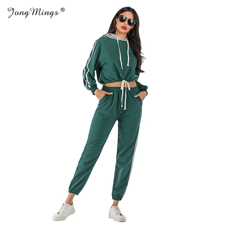 

Autumn Winter Two Pieces Set Women Hoodie Cropped Top And Pant Tracksuit Women Elastic Waist Casual Women Two Piece Outfits