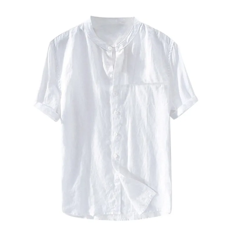 

2020 New Plain Cotton Blend Loose Retro Shirt Color Short Sleeve Skinny Blouse with Ethnic Printed Collar