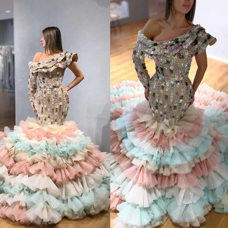 

2020 One Shoulder Prom Dresses Rainbow Mermaid Krystal Appliqued Beaded Ruffles Sexy Women Occasion Pageant Evening Gowns